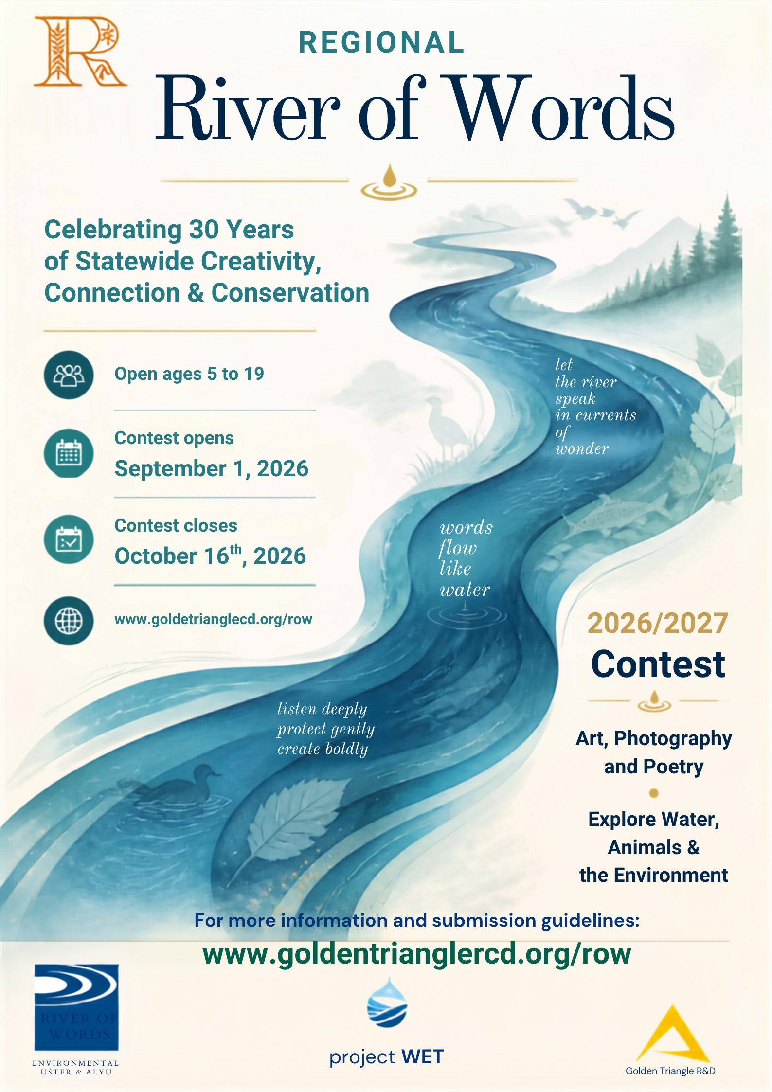 A promotional poster for the River of Words art and poetry contest celebrating 30 years. The poster features a stylized watercolor river flowing from mountains and trees, with text about contest details, dates, and website, along with logos and design elements related to water and environmental themes.
