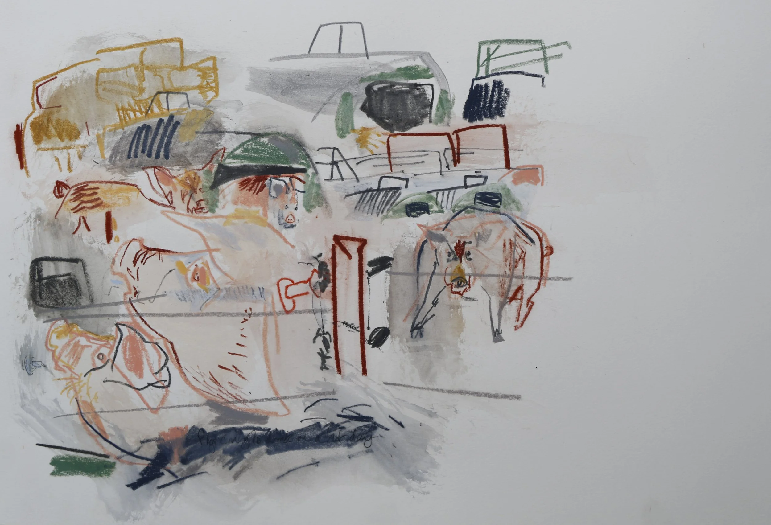 Wynona Legg, Pig farm - pigs at the water tank, Twenty nine acres, mixed media, May 2025..JPG