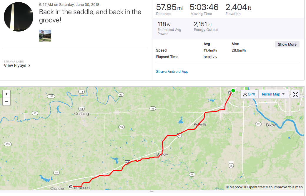 Day 16 Back in the saddle, and back in the groove! 6-30-18