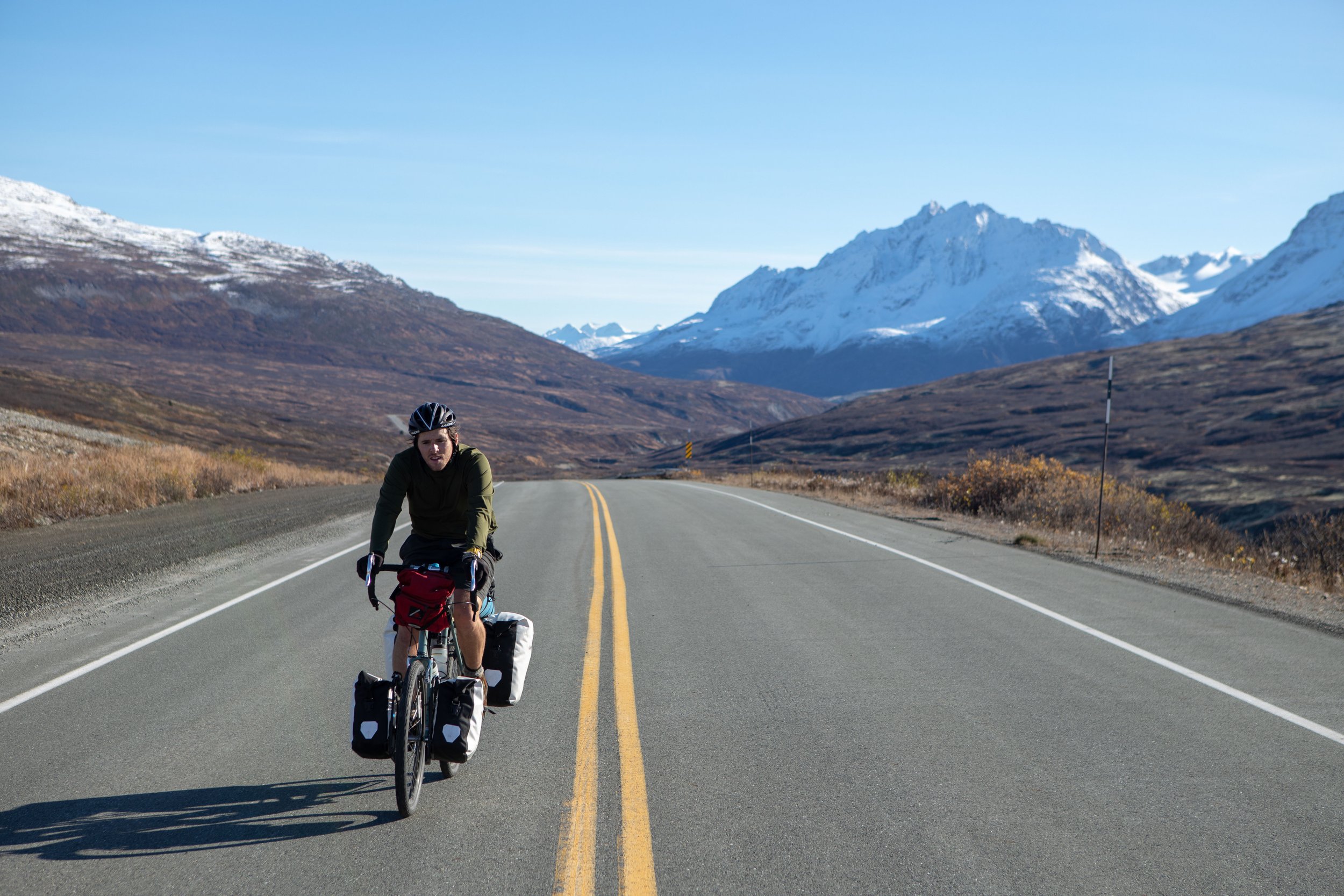 A bluebird day of bicycling on an empty road in the Yukon.