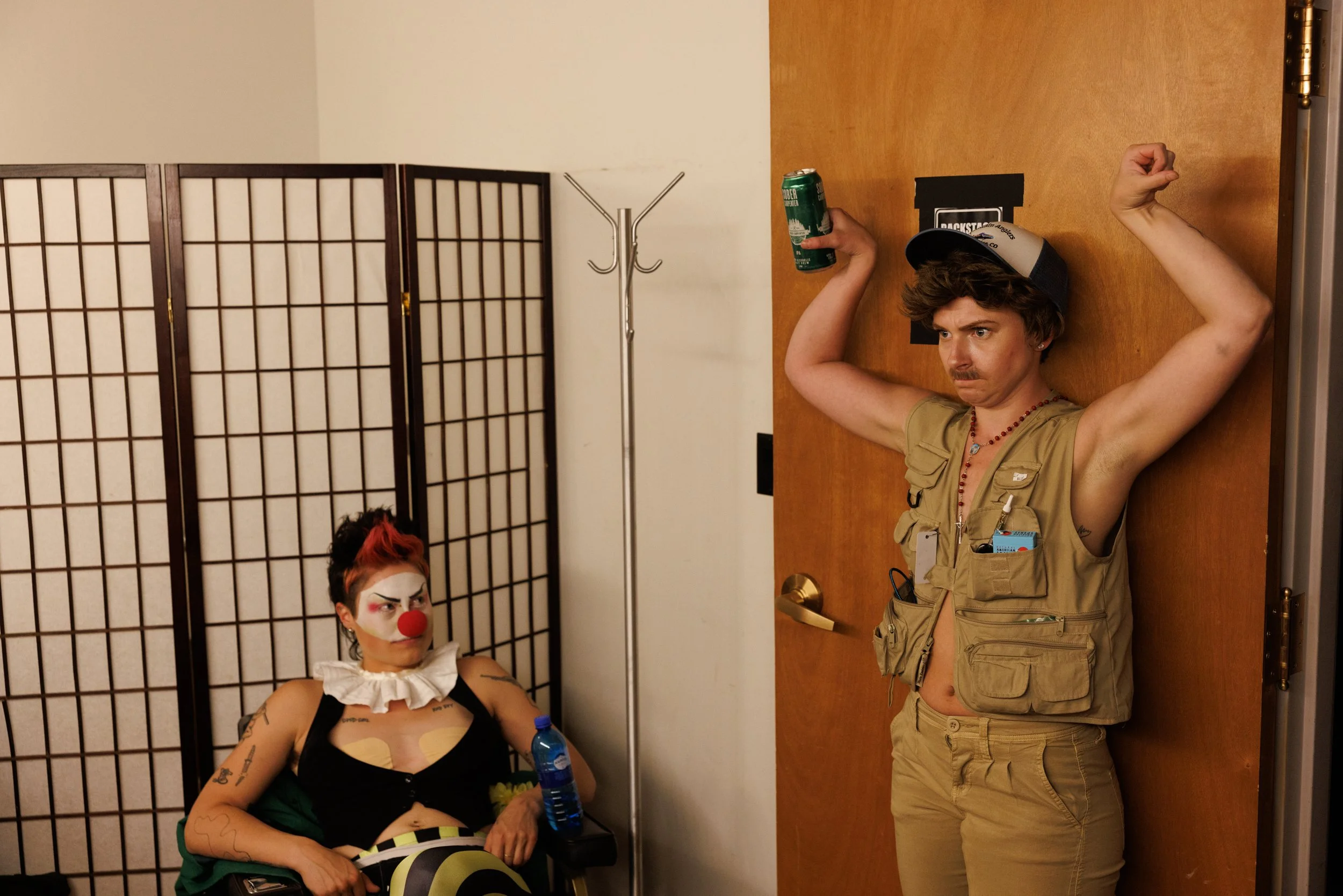 Drag artists Bironic and Chad wait for their turn at Montana Drag Wrestling in Missoula, Montana on Saturday, June 7, 2025.