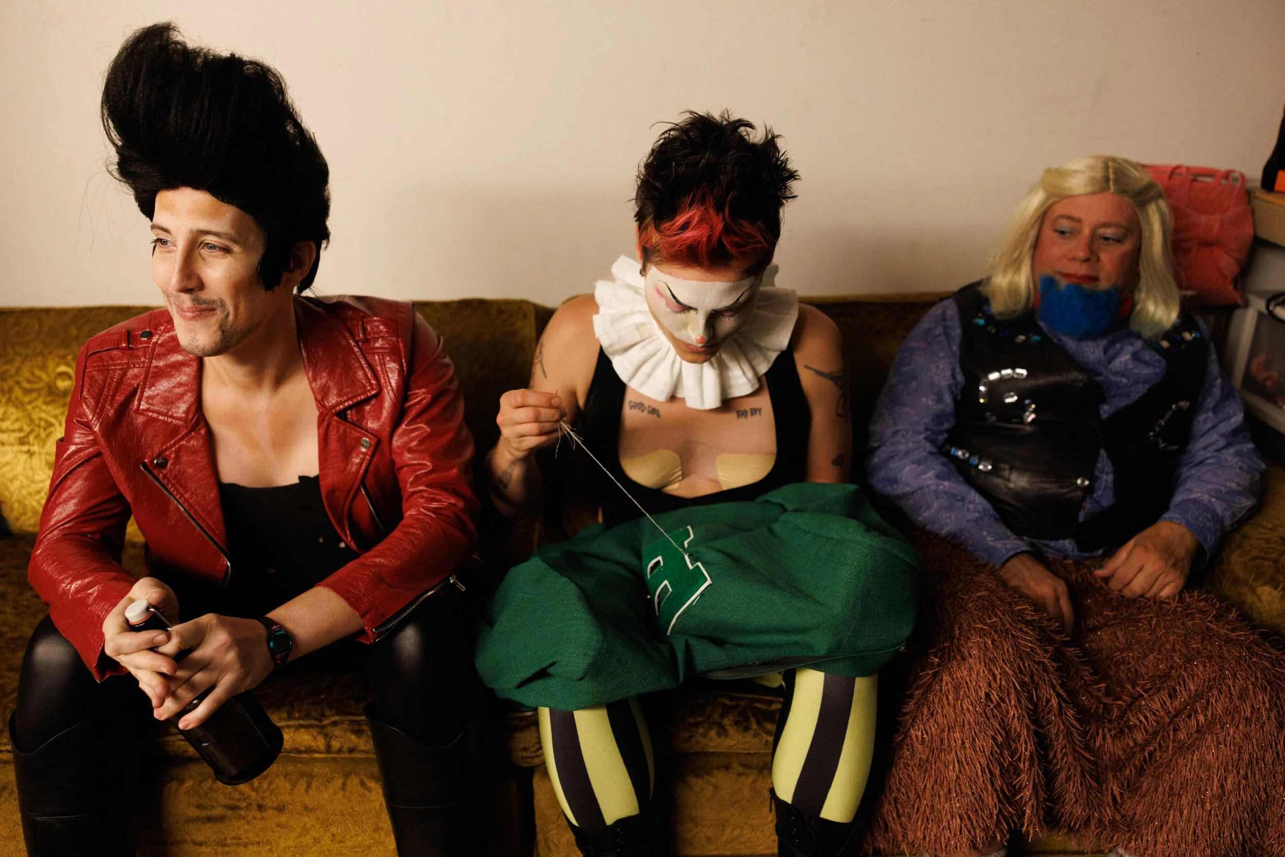Drag artists Jack of Hearts, Bironic, and Gusty Cross Wind complete some last second preparations before the Montana Drag Wrestling show at the Zootown Arts Community Center in Missoula, Montana on Saturday, June 7, 2025.