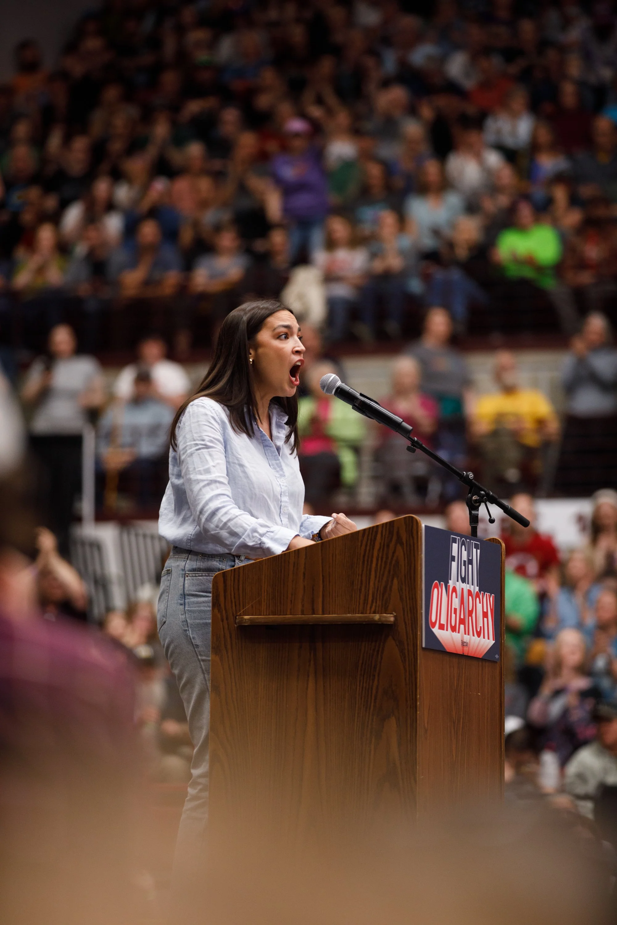 Rep. Alexandria Ocasio-Cortez (D-NY) speaks at the University of Montana during the final stop on the “Fighting Oligarchy” Tour in Missoula, Montana, on Wednesday, April 16, 2025.