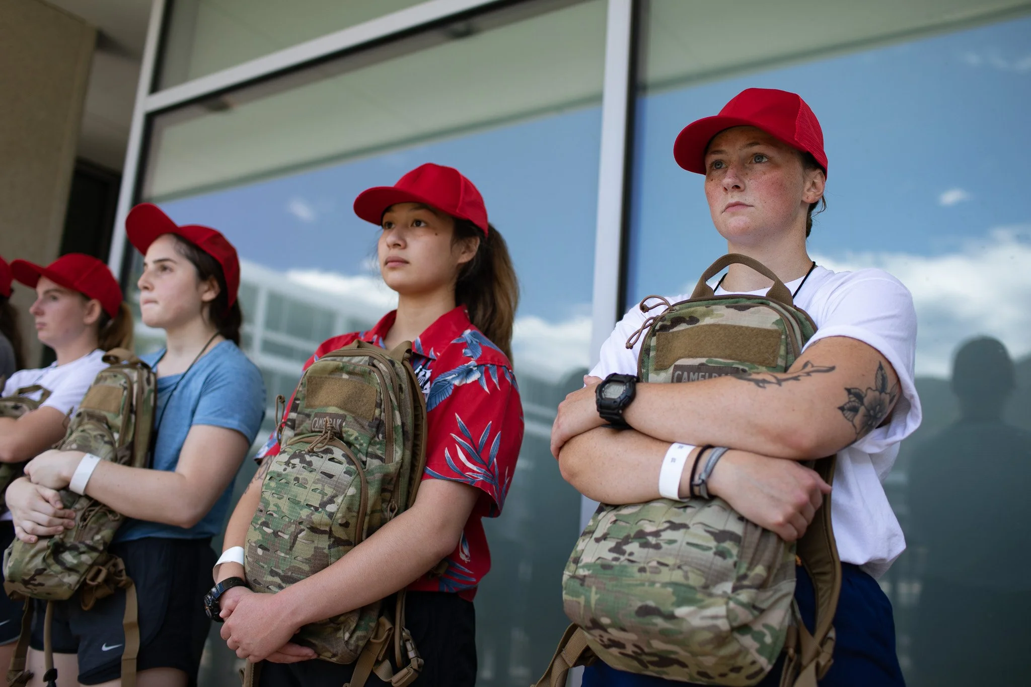 Young women wait in line during Initiation-Day at the U.S. Air Force Academy in Colorado Springs on Thursday, June 23, 2022.
