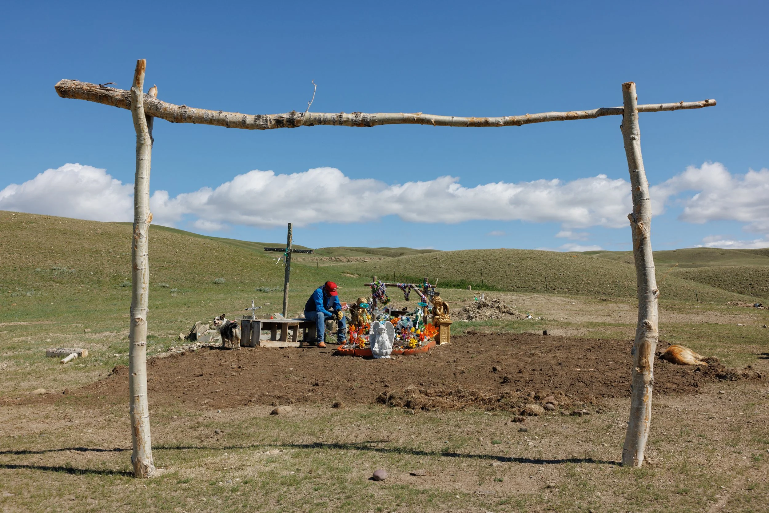 Nugget Mad Plume visits his son Wyatt’s grave along the Two Medicine River about 15 miles south of Browning, Montana, on the Blackfeet Nation. Wyatt passed away by suicide at age 29 in 2024. By the time he was 29, Wyatt had lost at least five close f