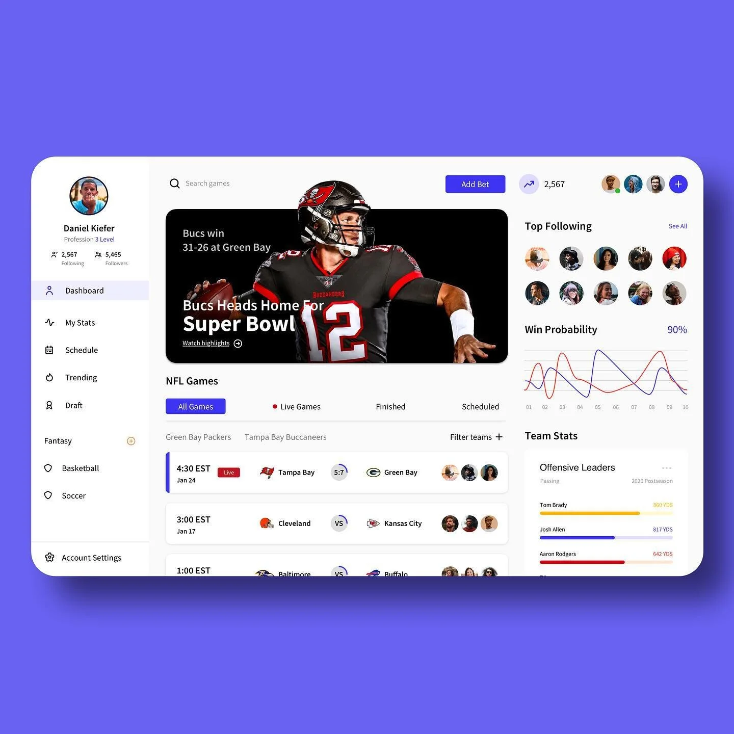 T -minus 7 days till Game day 🏈 Congrats @tombrady on taking the @buccaneers to the Super Bowl!! They will be taking on @chiefs on Sunday Feb 7, 2021 🏟

Sports Dashboard UI Concept...feel free to comment or like, let me know what you think :) 

Fol