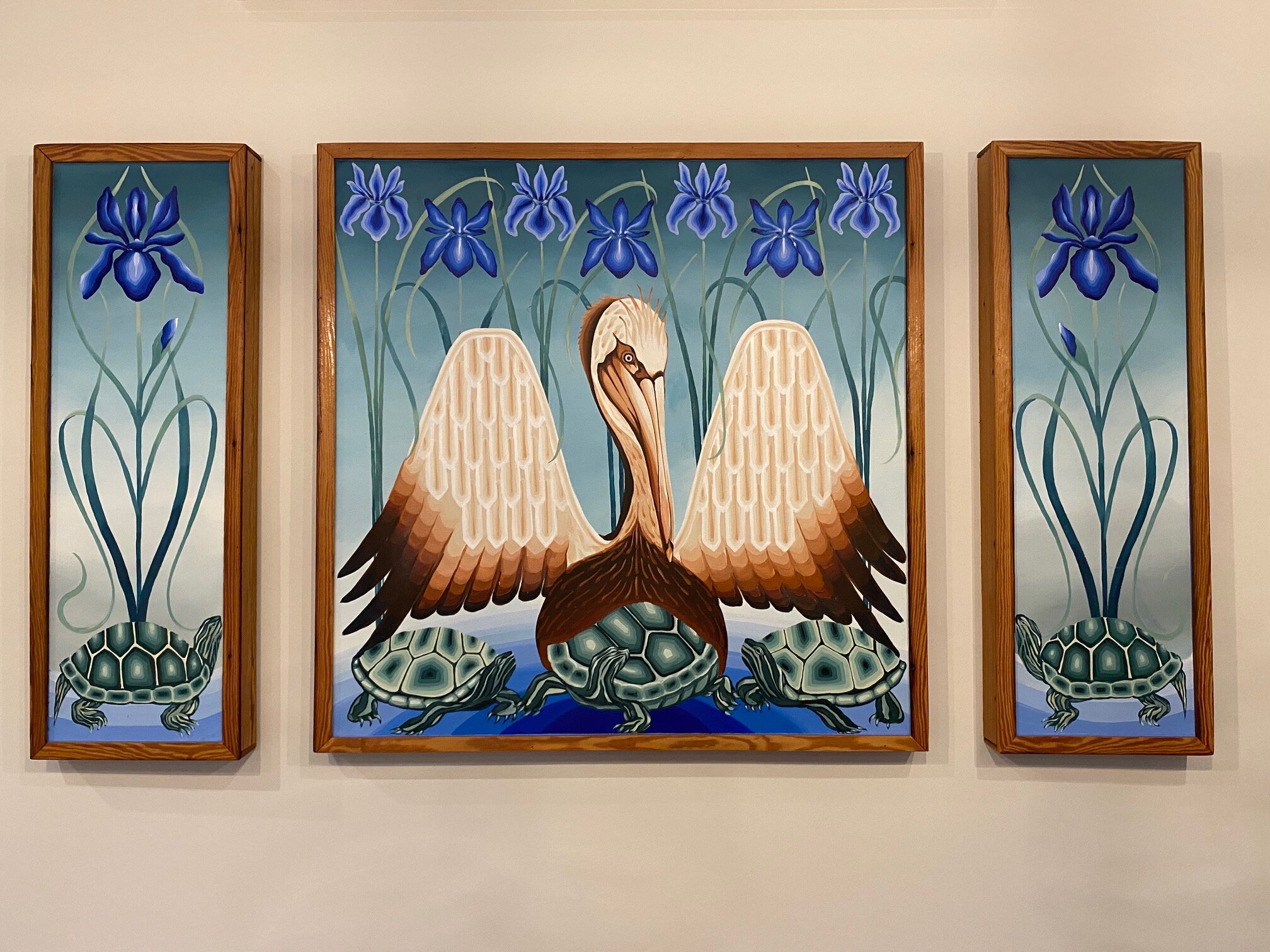 Louisiana Icons: Triptych with Pelican, Wild Iris, Painted Turtles
