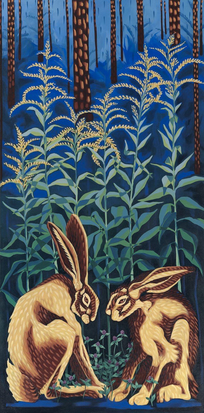 Twin Hares with Goldenrod and Red Clover