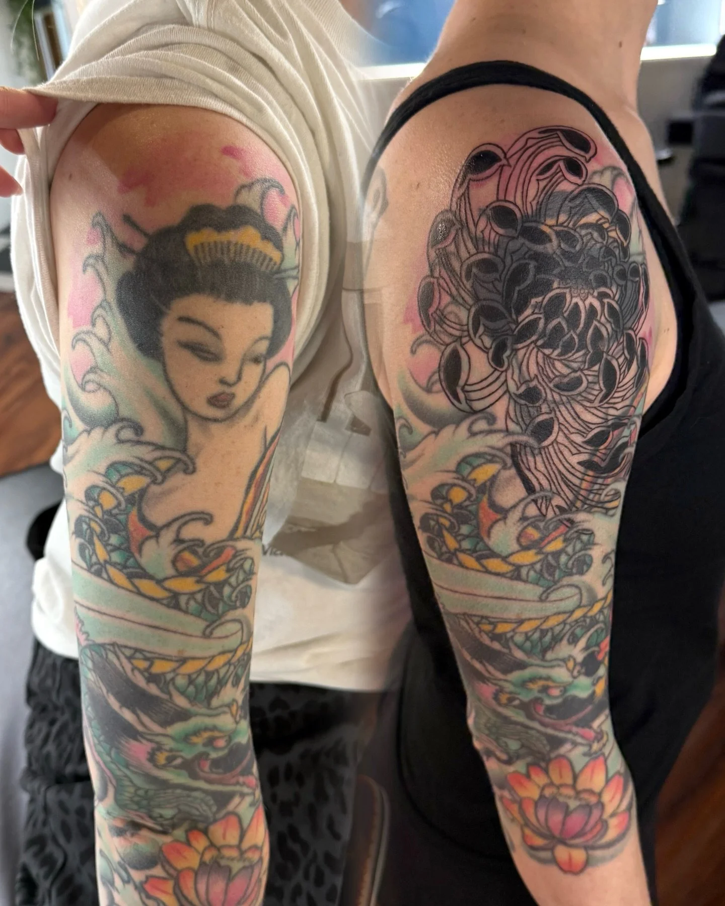 Started this blast over cover up today! First session down, a couple more to go to work on incorporating blackwork into her old color tattoos from several years ago. Blast over cover ups allow some of the old work to shine through, we will add shadin