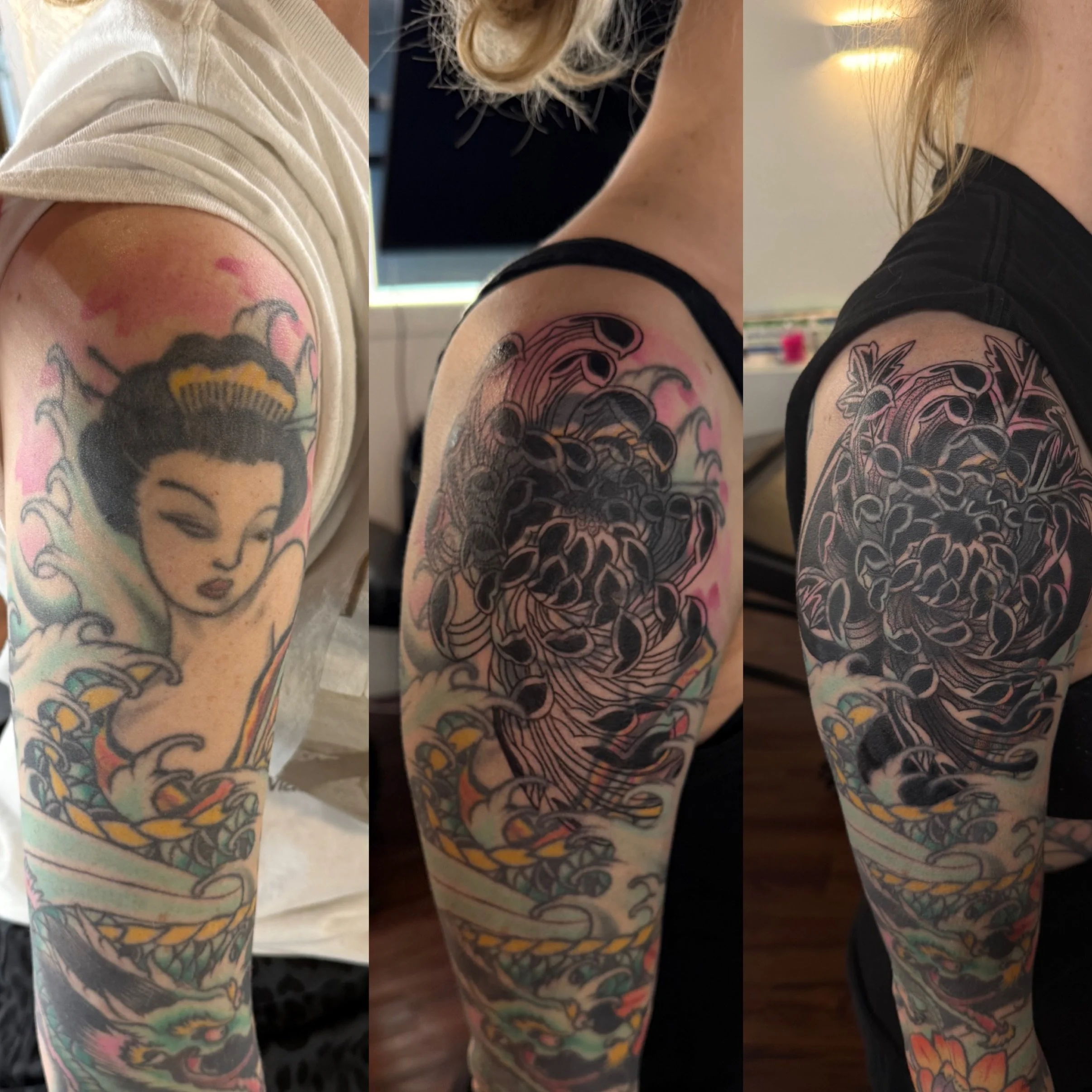 Progress in this cover-up on my sweet client ❤️ thank you for the trust! We&rsquo;re going to bring the black down more and incorporate into a full sleeve on her next session.

#coveruptattoo #coveruptattooartist #pdxtattoo #japanesetraditionaltattoo