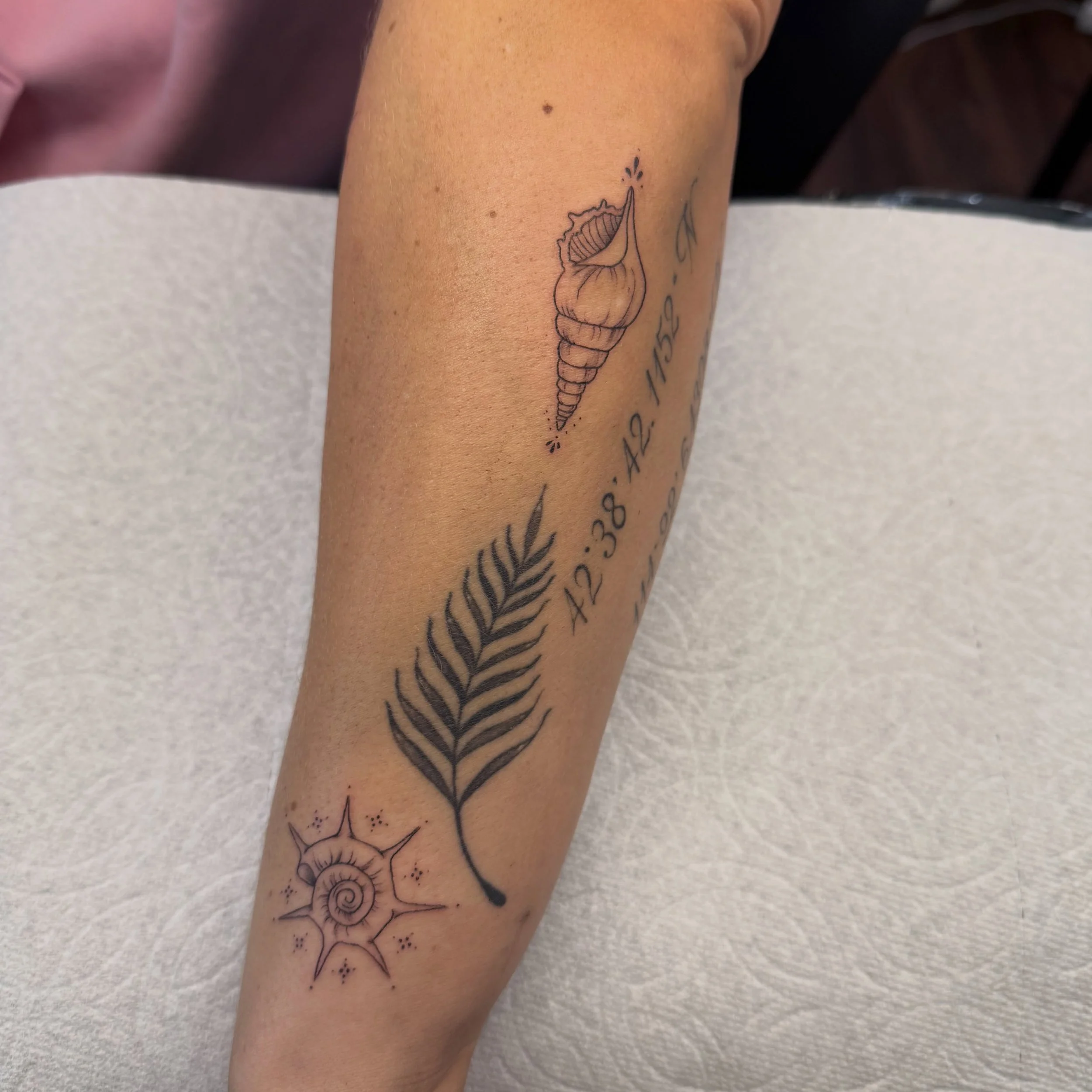 Cutie little underwater themed sleeve additions 🐚 🌊 

#finelinetattoo #tinytattoo #seahorse #shell