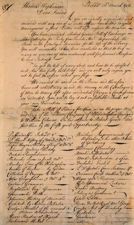 This letter from Joseph Breintnall, a Junto member, to Thomas Hopkinson in 1732 discusses the foundation of the Library Company of Philadelphia.