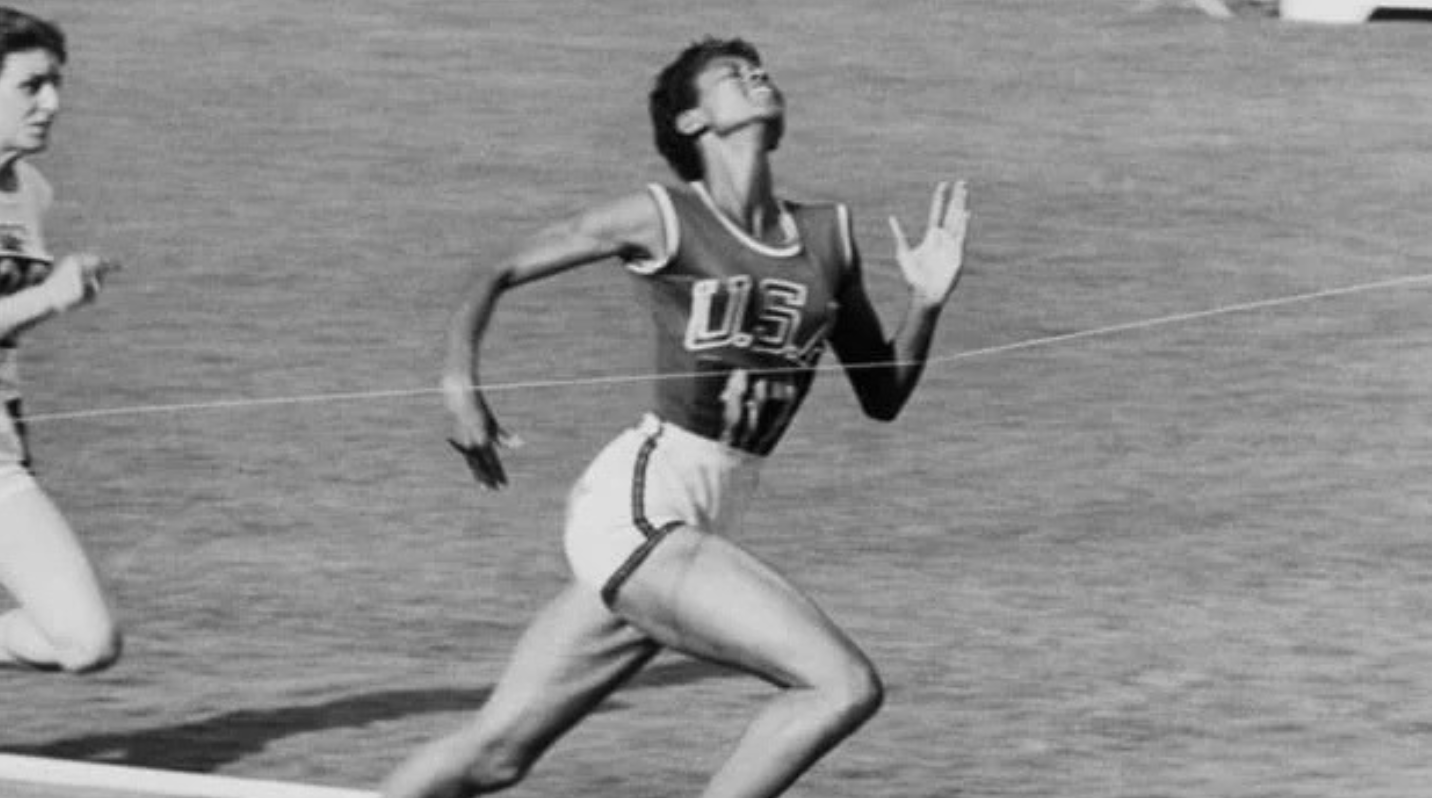 Wilma Rudolph sprinting to the finish of the 100 meter dash in the 1960 Rome Olympics.