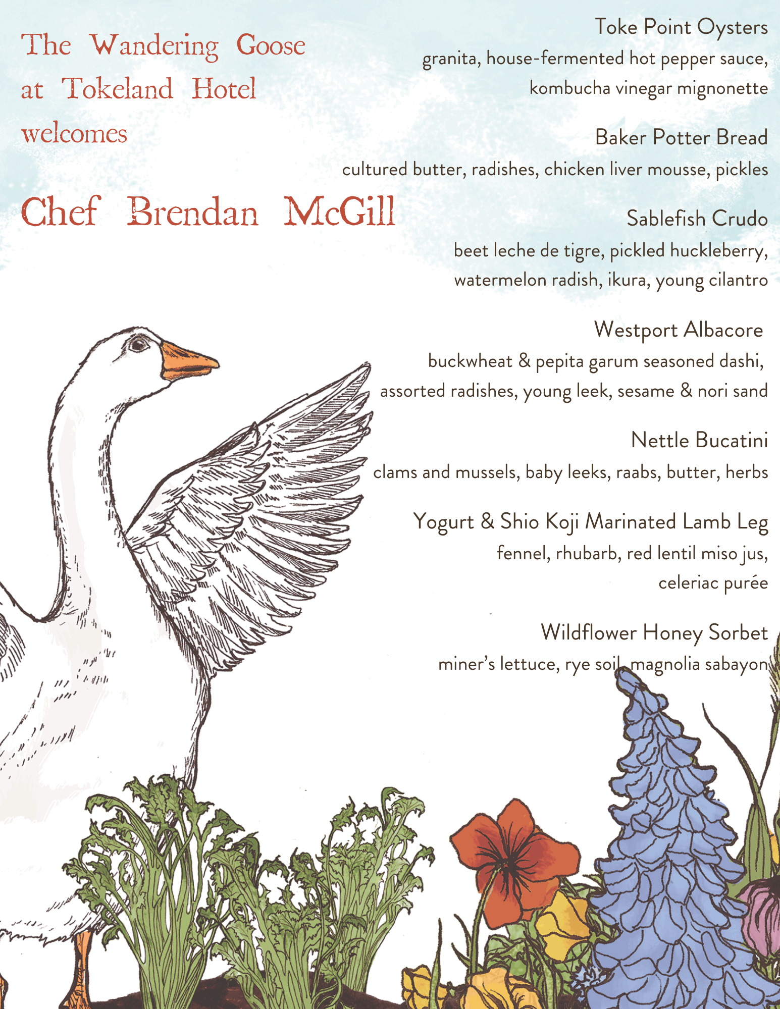 menu - background is of watercolor goose on a wildflower field