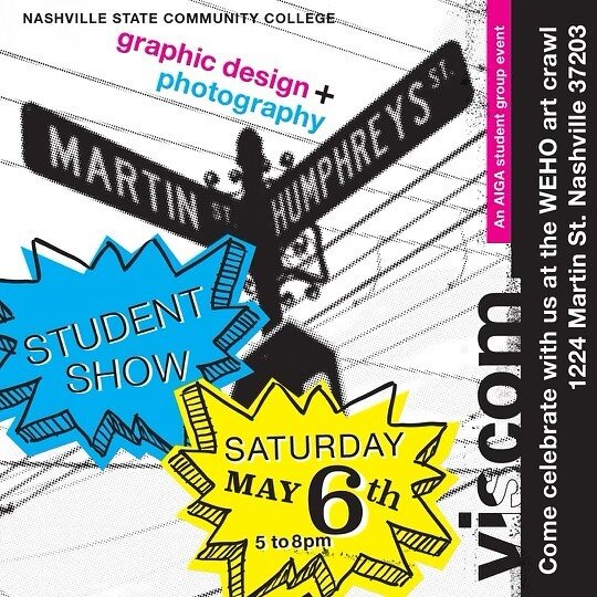 Stop by the SNAP Center this Saturday (5/6) between 5:00-8:00pm as we become a stop on the WeHo Art Crawl!

Nashville State Community College will be showcasing work from their talented graphic design and photography students.

SNAP will also be ther