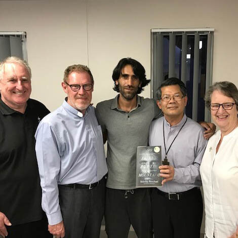 Fr Tom McDonough CP, Fr Peter Smith, with journalist, author and refugee Behrouz Boochani, Bishop Vincent Long van Nguyen and Sr Mary-Clare Holland OP.