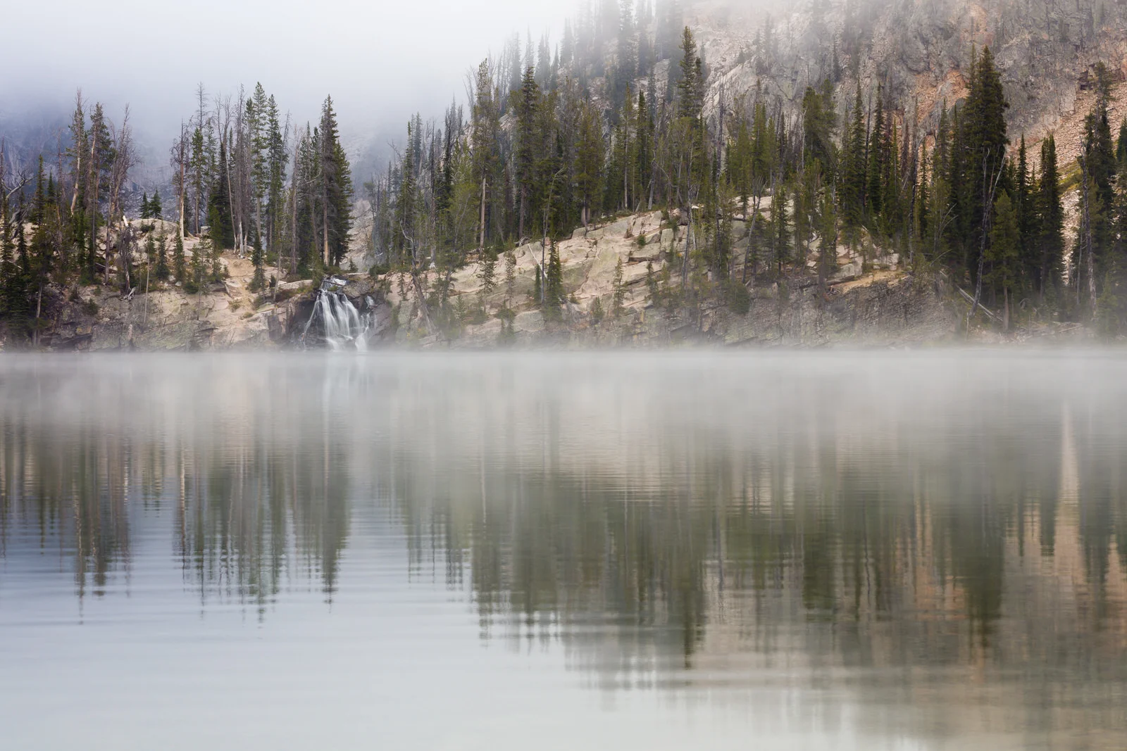 Foggy morning at Middle Cramer Lake in the Sawtooths