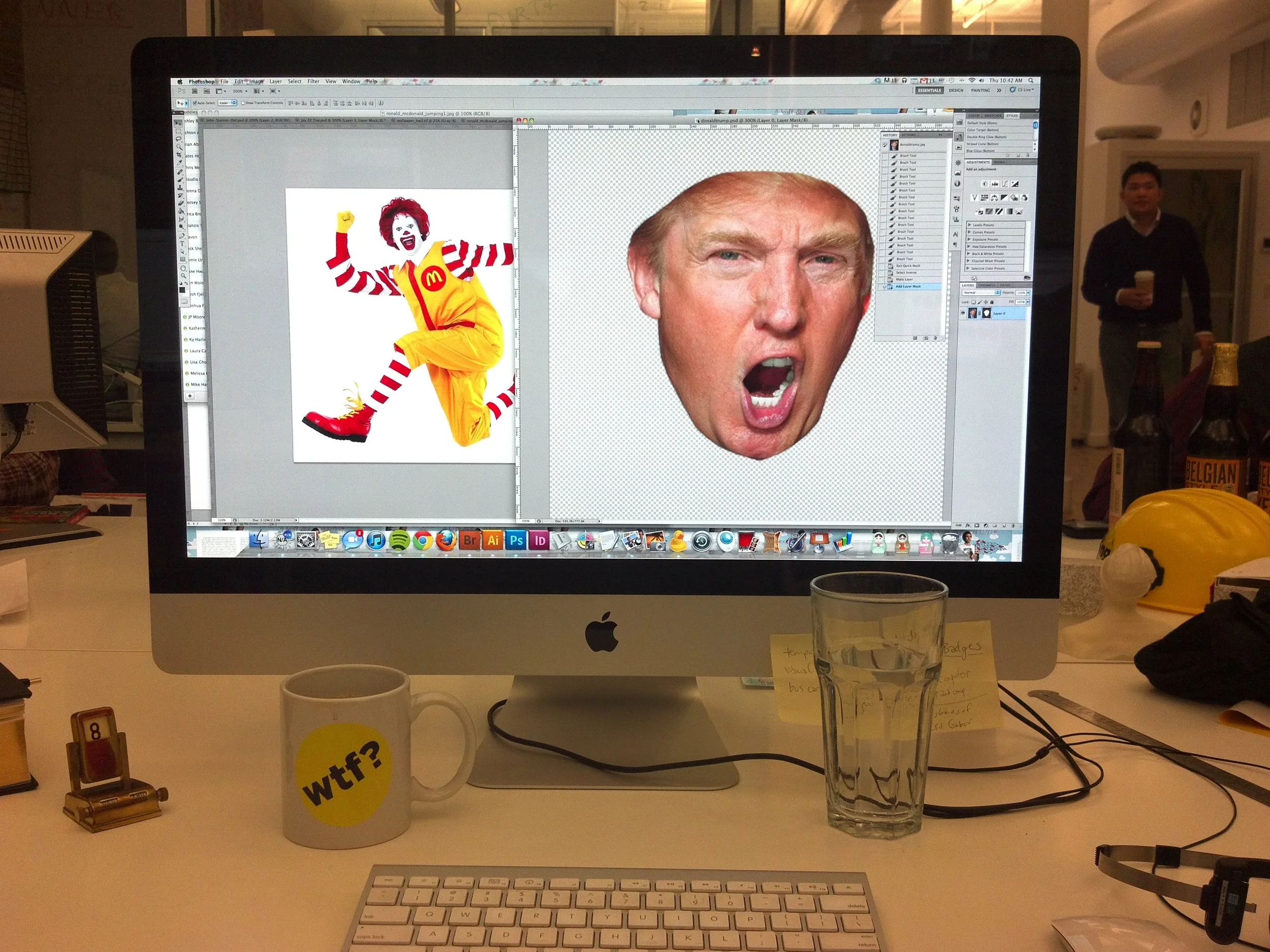 This is for a post I created with the creative genius Kelly Sharp . The Celebrity Mashup Photoshop Game takes the first name of a celebrity and combines it with the last name of another. I Photoshopped the results of some of the winners; in the example above, we got Ronald McDonald Trump.