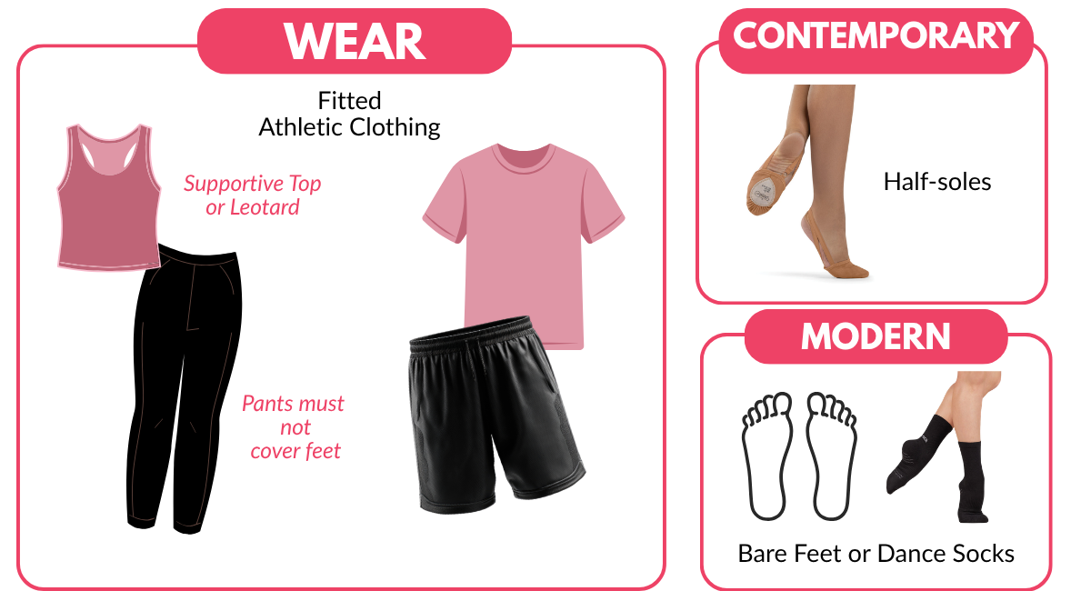 Contemporary & Modern: fitted athletic clothing, supportive top, contemporary needs half soles, modern bare foot or dance socks