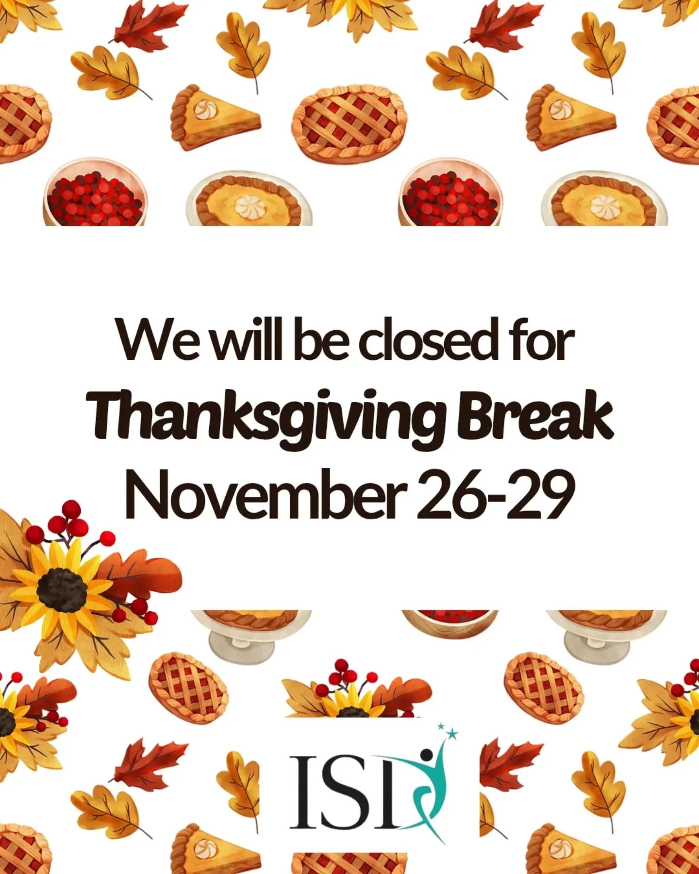We're trading pirouettes for pumpkin pie! 🥧💛

The studio is closed for Thanksgiving Break from Wed 11/26 to Sat 11/29.

Regular classes will not meet, but Alumni Night is still happening Wednesday evening if you&rsquo;d like to join the fun!

Enjoy