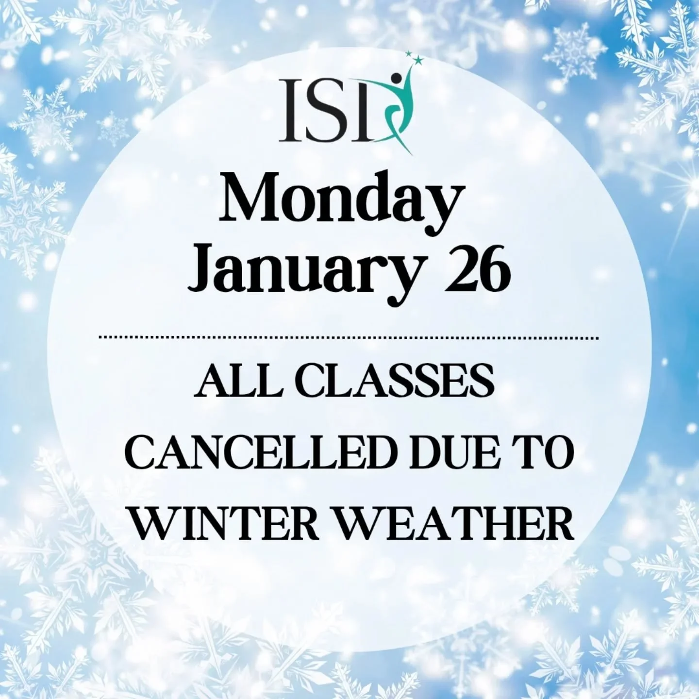 MONDAY 1/26: ALL CLASSES CANCELLED 🌨️
Hello Monday Families - The studio is closed today due to the winter weather.

We hope that you are all safe and cozy! See you soon!