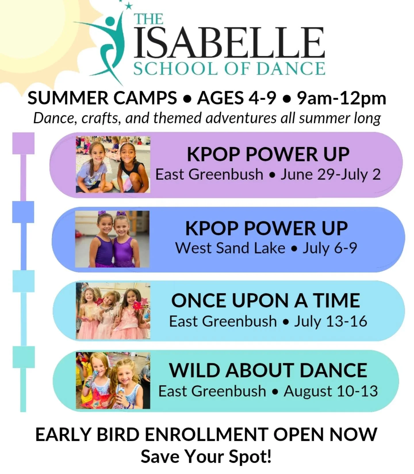 ☀️✨ SUMMER AT ISD IS HERE ✨☀️
Our 2026 Summer Dance Camps are officially OPEN for registration... and they are going to be MAGIC.

💜 KPOP Power Up
👑 Once Upon a Time
🦁 Wild About Dance

Ages 4-9 | 9am-12pm

Dance, crafts, themed adventures, and al