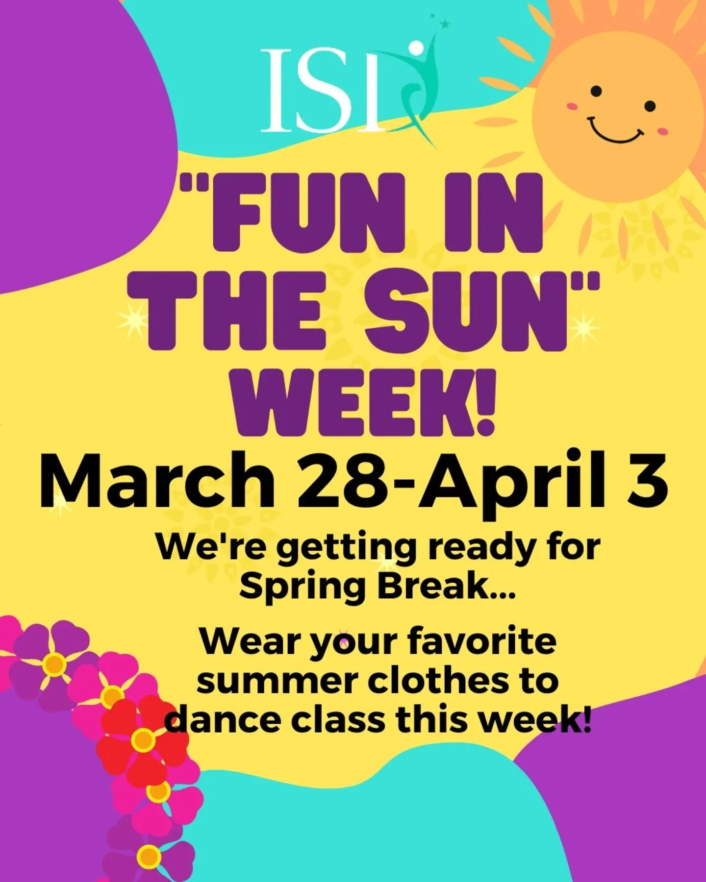 Sun&rsquo;s out&hellip; dance shoes on ☀️🕺💃

It&rsquo;s FUN IN THE SUN WEEK at ISD starting 3/28!
Break out those bright colors, sunnies, and summer vibes for class 🌈

Let&rsquo;s celebrate before Spring Break!

Reminder: No classes April 4-10

We