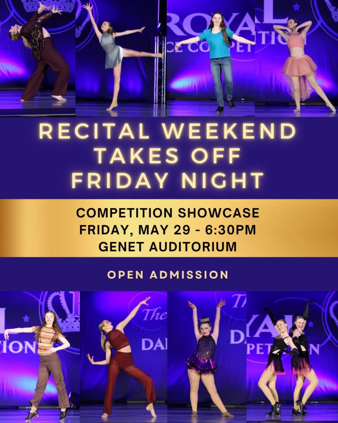 ✈️ Recital weekend officially takes off Friday night with our 2026 Competition Showcase!

Friday, May 29
6:30PM
Genet Elementary School
Open Admission

Join us at 6:30 PM as our solo, duet, and trio dancers take the stage to share the routines they&r