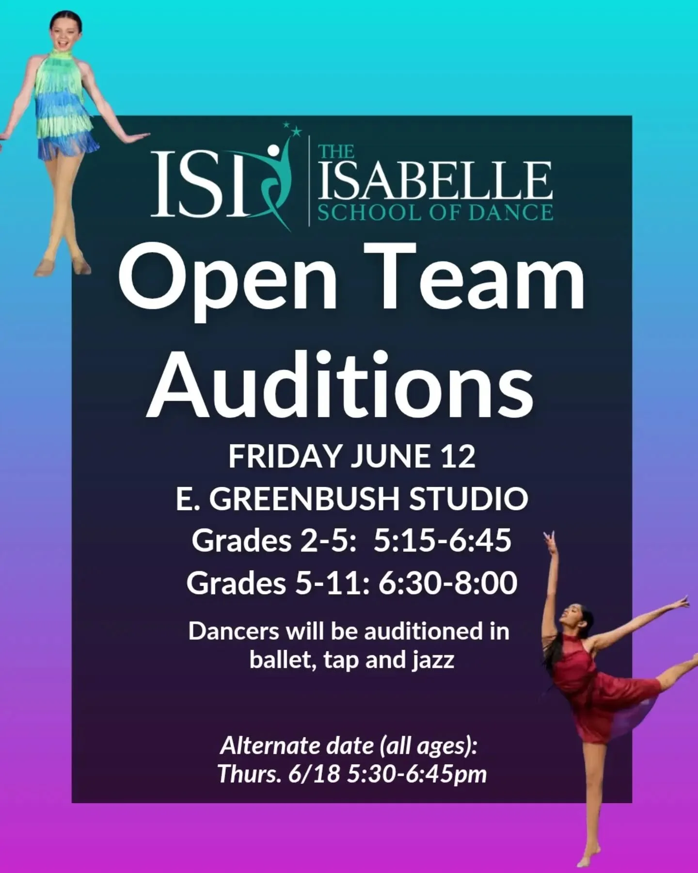 Is your dancer ready for more? ✨
Open Team Auditions are coming up!

Dancers will be auditioned in ballet, tap, and jazz as we look ahead to our next competition team season. Open to dancers entering grades 2-11 who are interested in taking their tra
