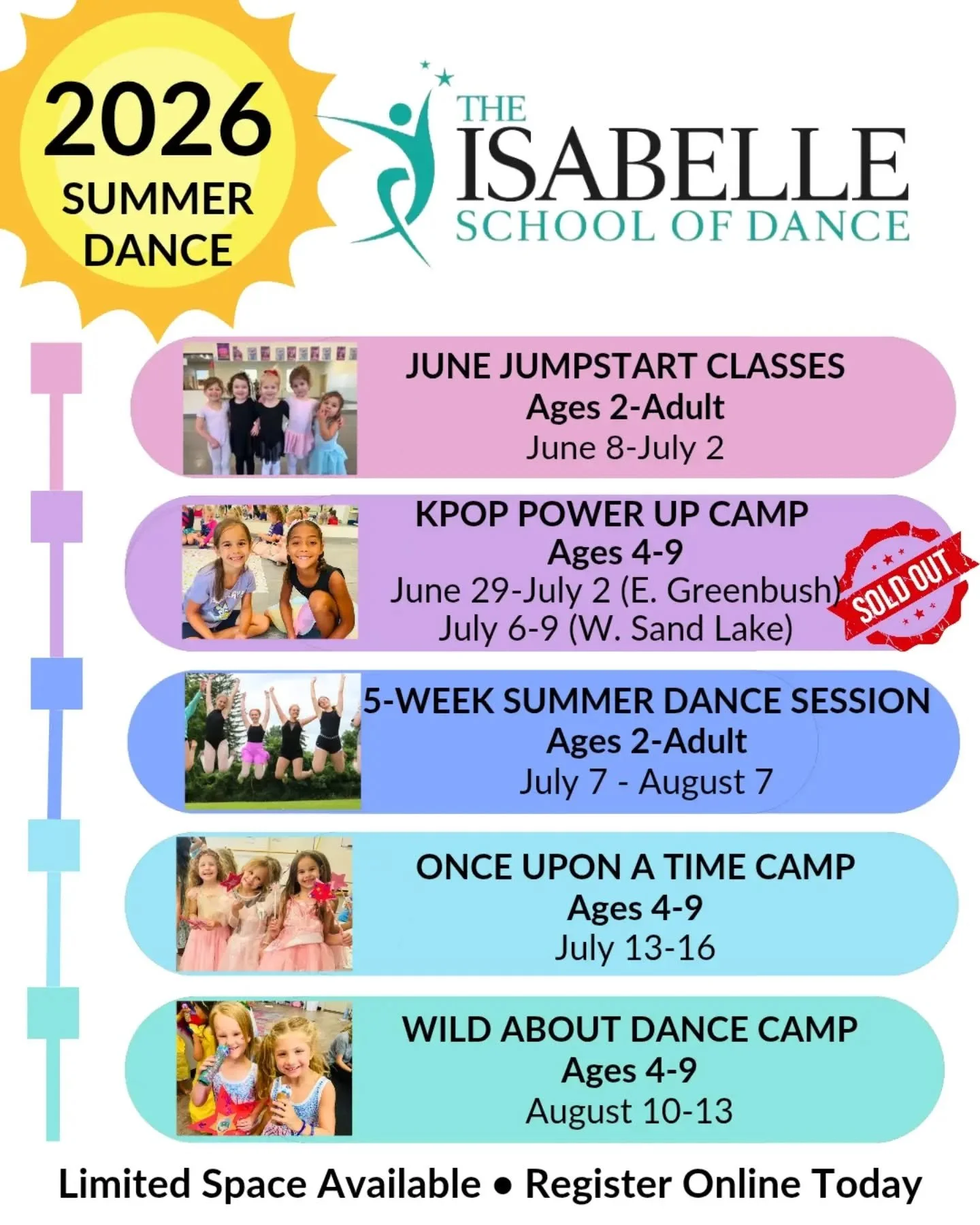 Summer is here, and we're ready to dance!

Whether your dancer wants to try something new, stay active over the summer, or continue building their skills, we have options for every age and experience level.

🌟 June Jumpstart Classes
🩰 5-Week Summer