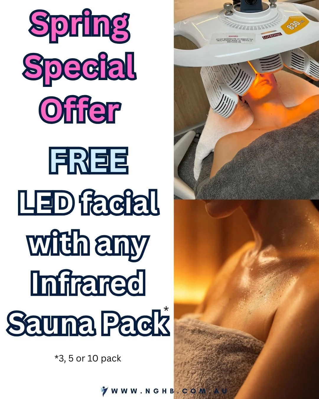 ✨ Spring Glow Special ✨

This season, we&rsquo;re giving your skin AND body the love they deserve 🌿

Book any Infrared Sauna Pack and receive a FREE LED Facial &ndash; the perfect combo to:
💠 Detox &amp; de-stress with deep infrared heat
💠 Boost c
