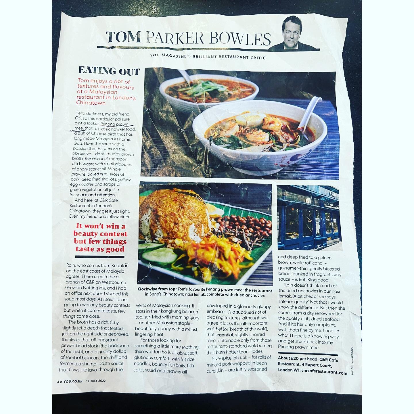 Lovely review by Tom Parker Bowles  in @youmagazine ! 
Thank you for your kind words. 
Bit crumpled (a customer cut it out and brought it in for us) but you can find the whole review online too. 

📸 by @niccrillyhargravephotography