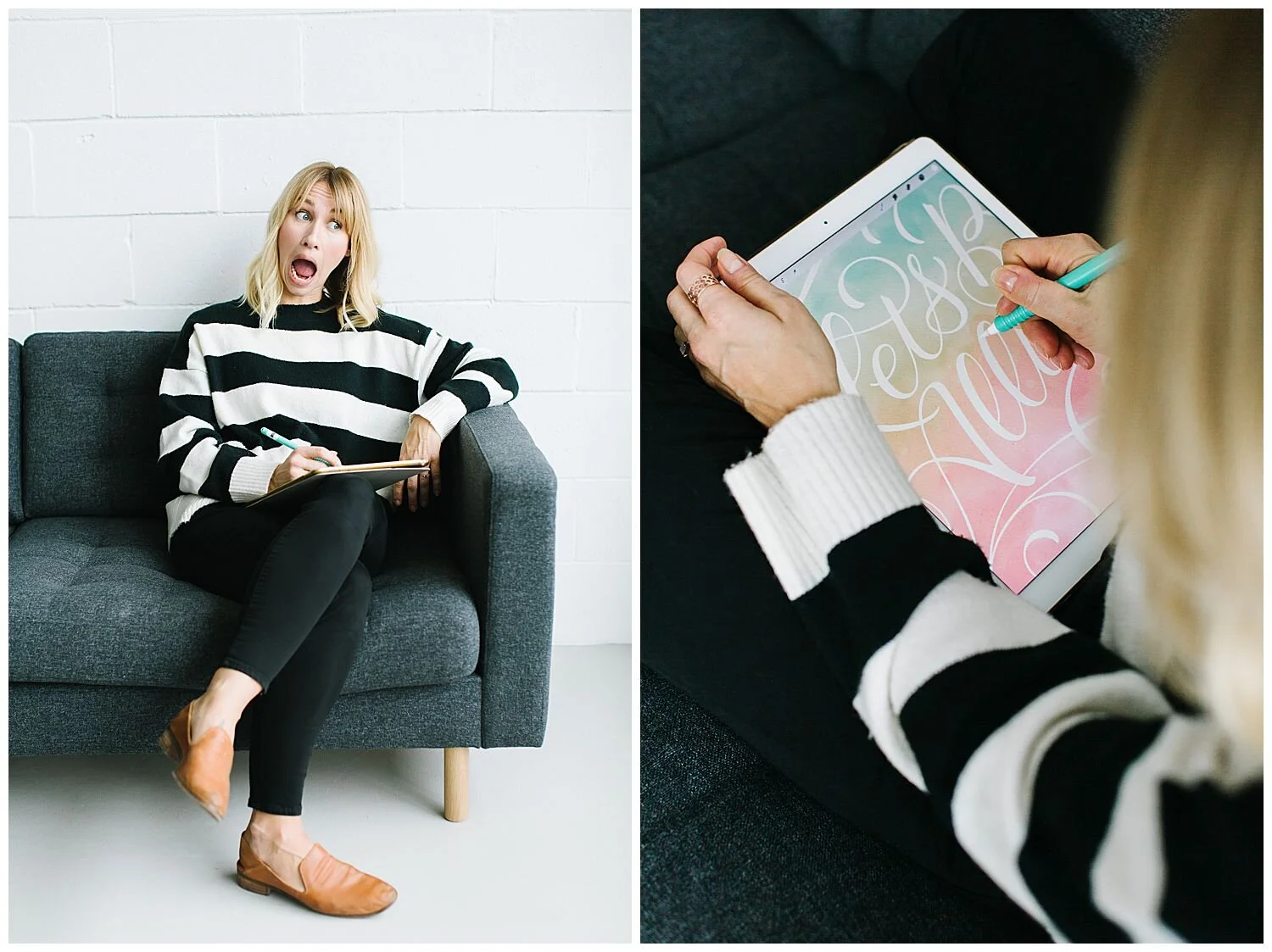 livermore lettering artists sitting on grey ikea sofa with a black and white striped sweater in front of a white brick wall at creative space studios co in livermore Ca
