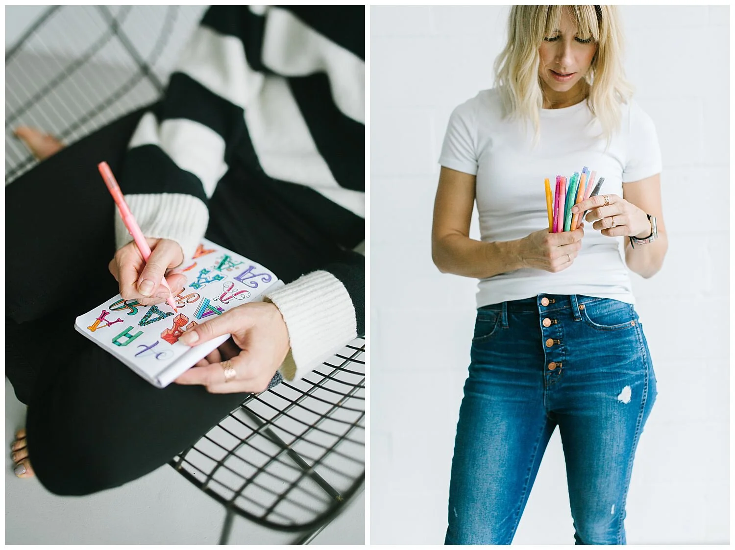 livermore lettering artist sitting on a black wire chair with a black and white striped sweater in front of a white brick wall at creative space studios co in livermore Ca