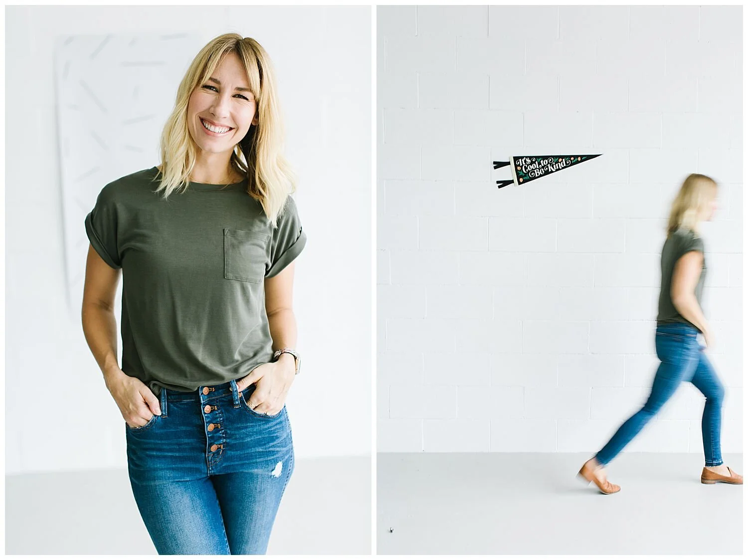 livermore lettering artists wearing a hunter greene t-shirt with blue jeans in front of a white brick wall at creative space studios co in livermore Ca