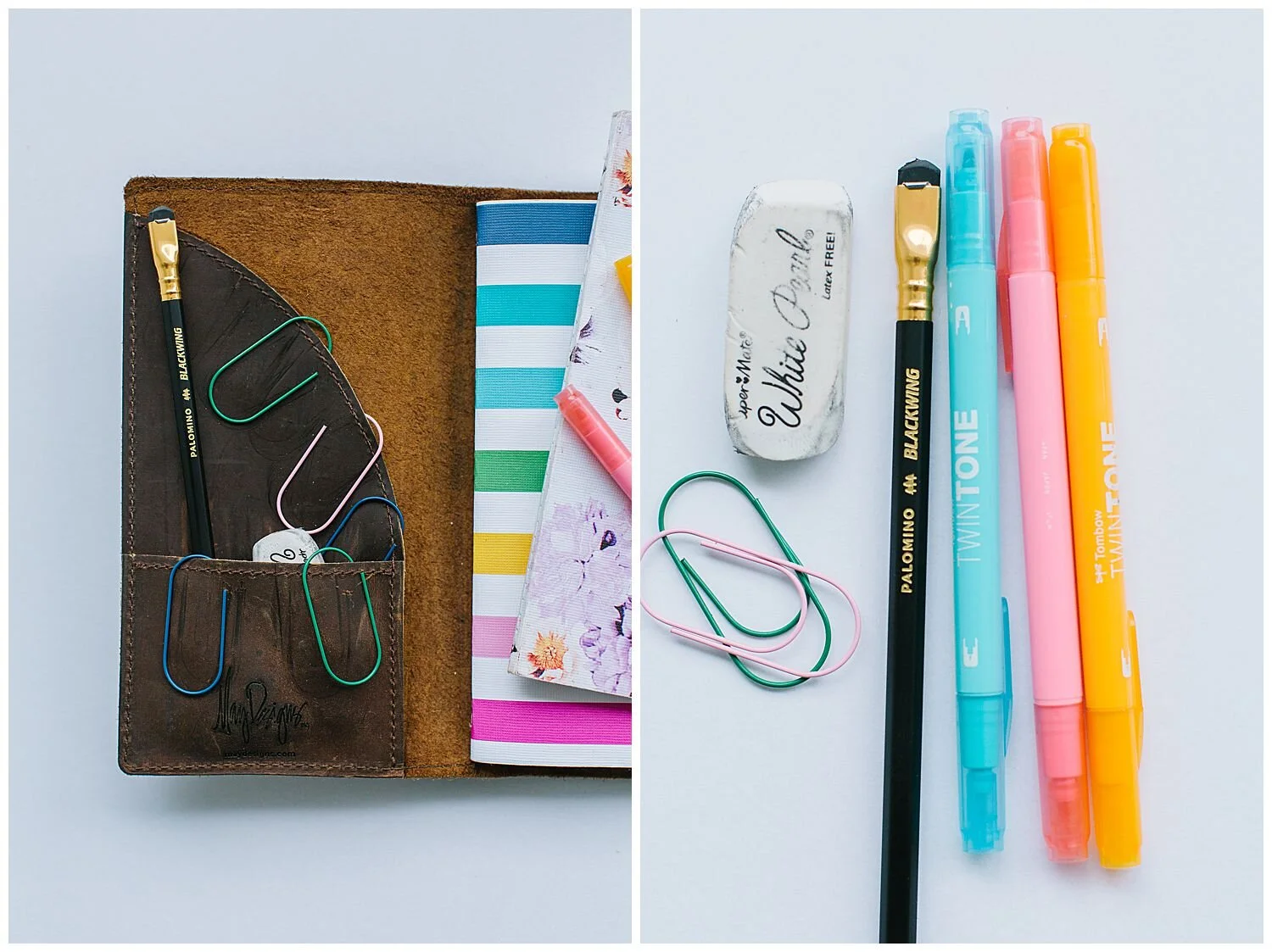 leather journal with multi-colored pens, paper clips and erasers on white savage universal seamless paper at creative space studios co in livermore Ca