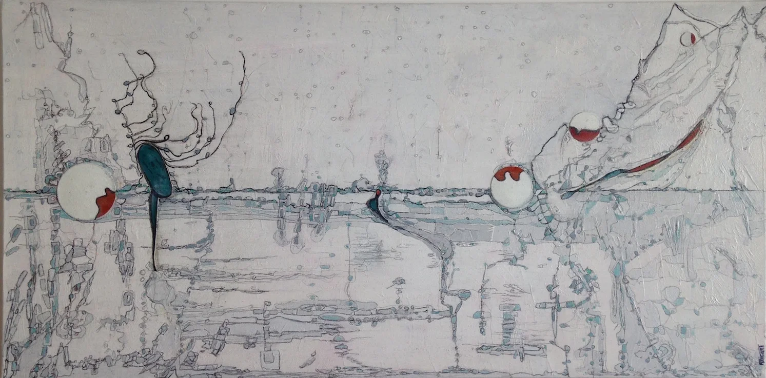 Le tableau a été peint pour cette pièce par l’artiste-peintre Agnès Bichat, inspirée par le lac de Tignes et les sommets environnants.