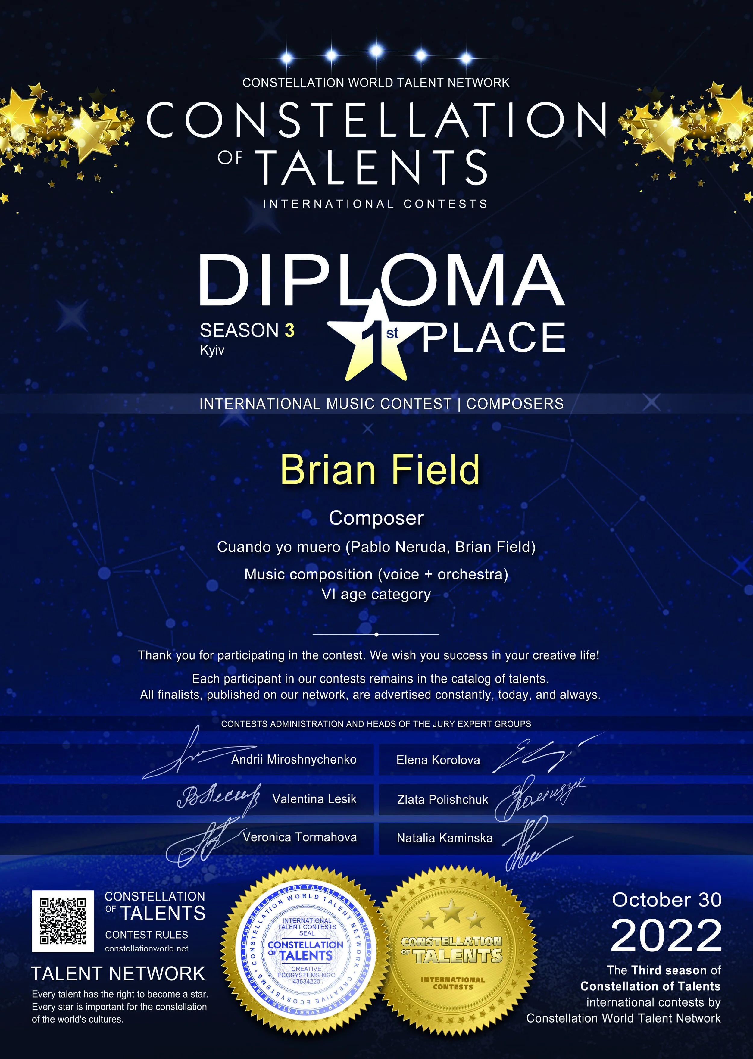 First Prize at 2022 Constellation of Talents — Brian Field | Composer ...