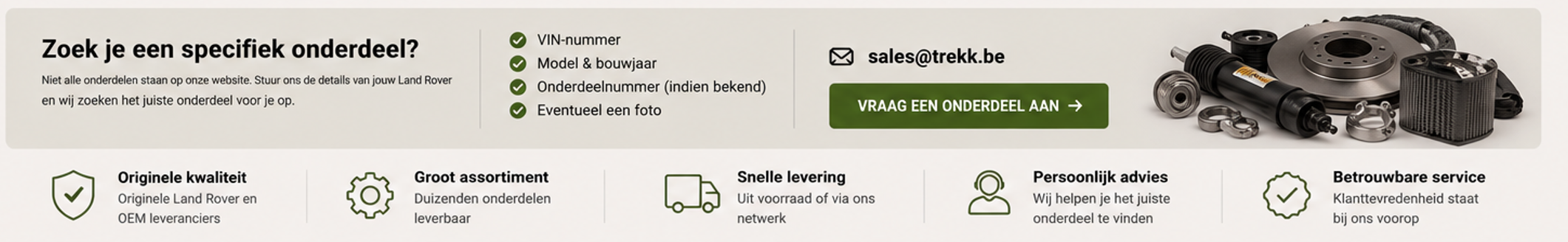Afbeelding van verschillende auto-onderdelen zoals schokdempers, remschijven en filters op een lichtgrijze achtergrond.