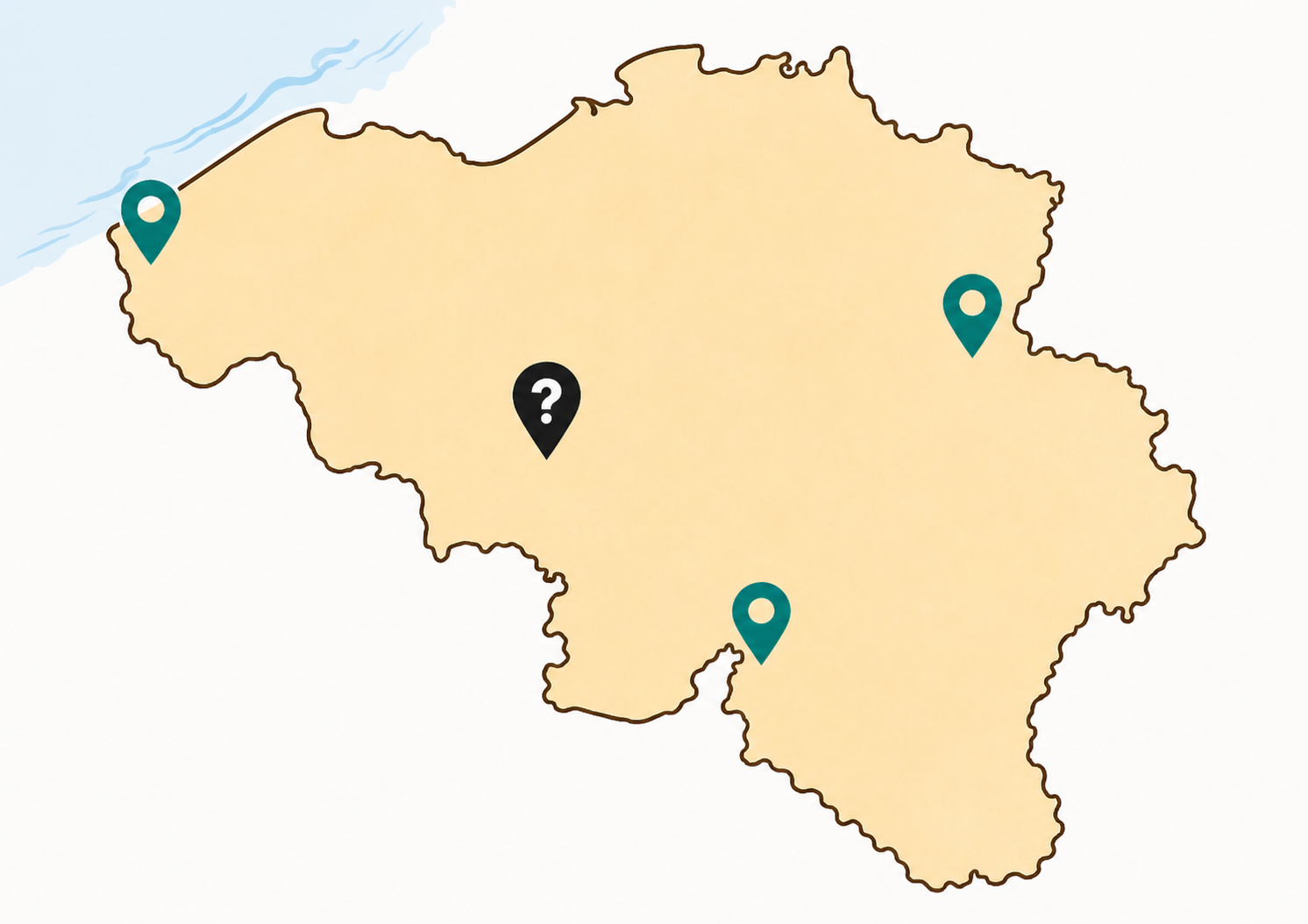 Kaart van België met drie locatiepictogrammen en één vraagteken in het midden.