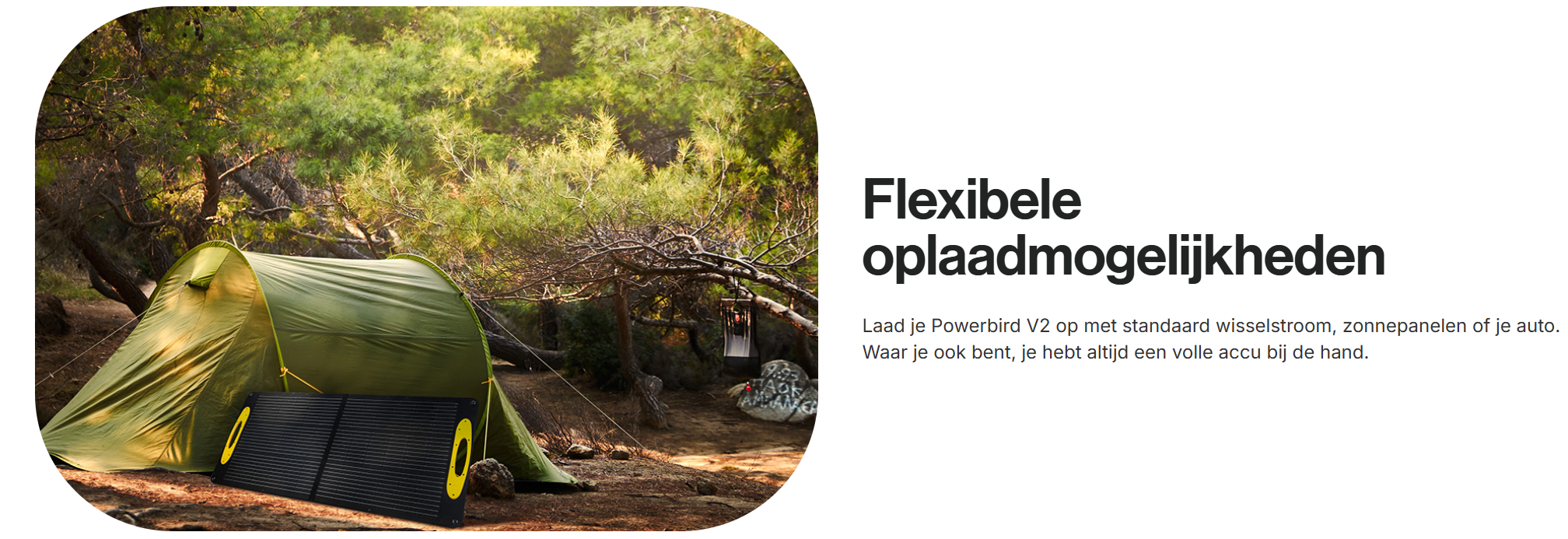Groene tent in een bos, met een zonnepaneel voor opladen, onder een boom met groene bladeren