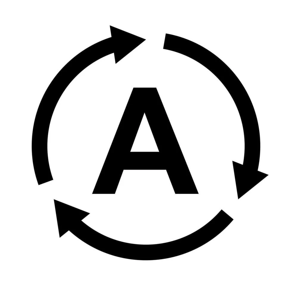 Een grote letter A in het midden omringd door drie pijlvormige pijlen in een cirkel, die symbool staan voor herhaling of cyclus.