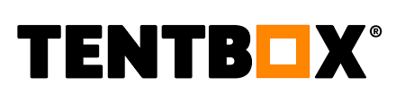 Logo van Tentbox met de naam in zwarte letters en een oranje vierkant.