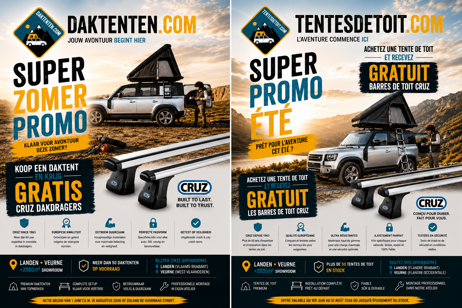 Advertentie voor daktenten en dakdragers van Cruz, met beelden van een auto met een opklapbare daktent in een berglandschap, promotieaanbiedingen, logo, en informatie over de producten en showroomlocaties in Nederland en België.