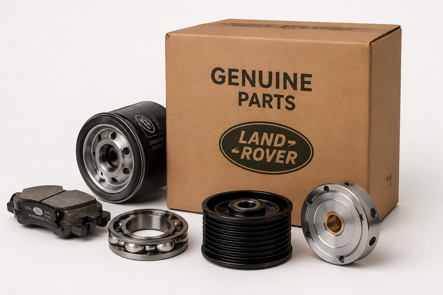 Land Rover originele auto-onderdelen, inclusief remblokken, lagers en andere mechanische onderdelen, naast een kartonnen doos met de tekst 'Genuine Parts' en het Land Rover logo.