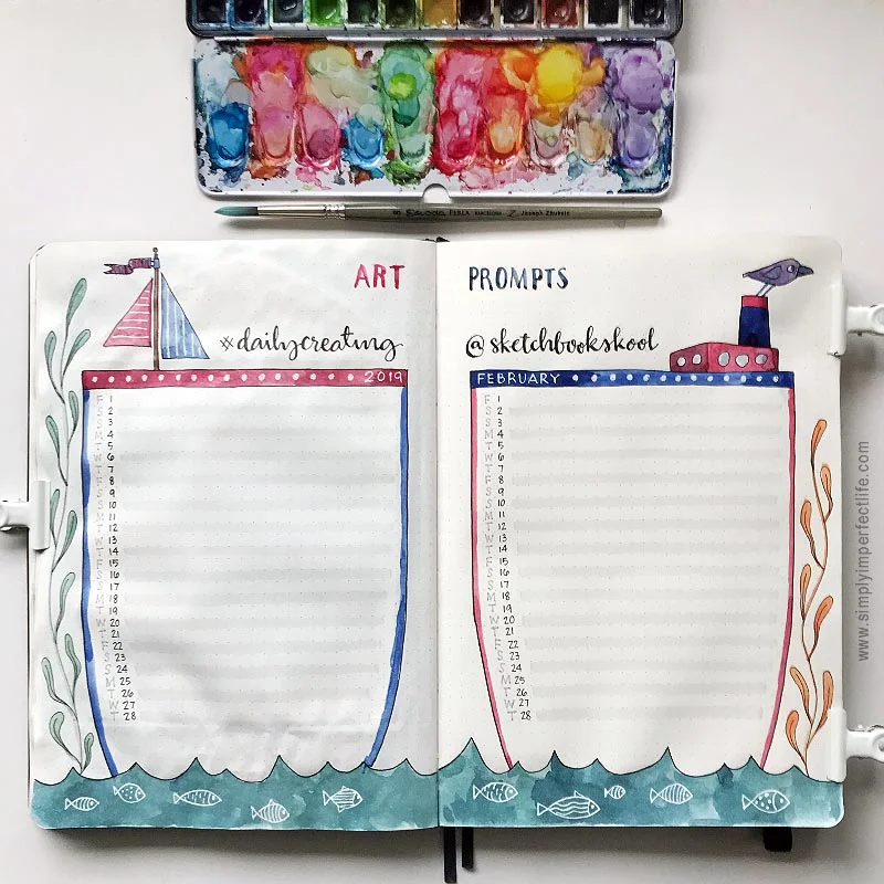 Bullet Journal: February 2019 Art Prompts by Mariana : www.simplyimperfectlife.com