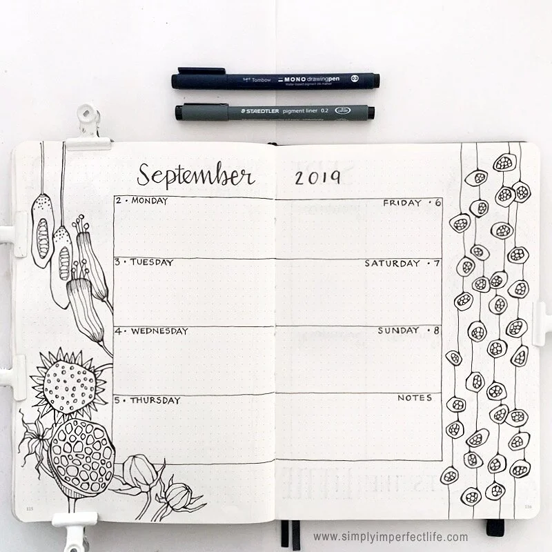 September 2019 bullet journal week 1 spread by Mariana at www.simplyimperfectlife.com