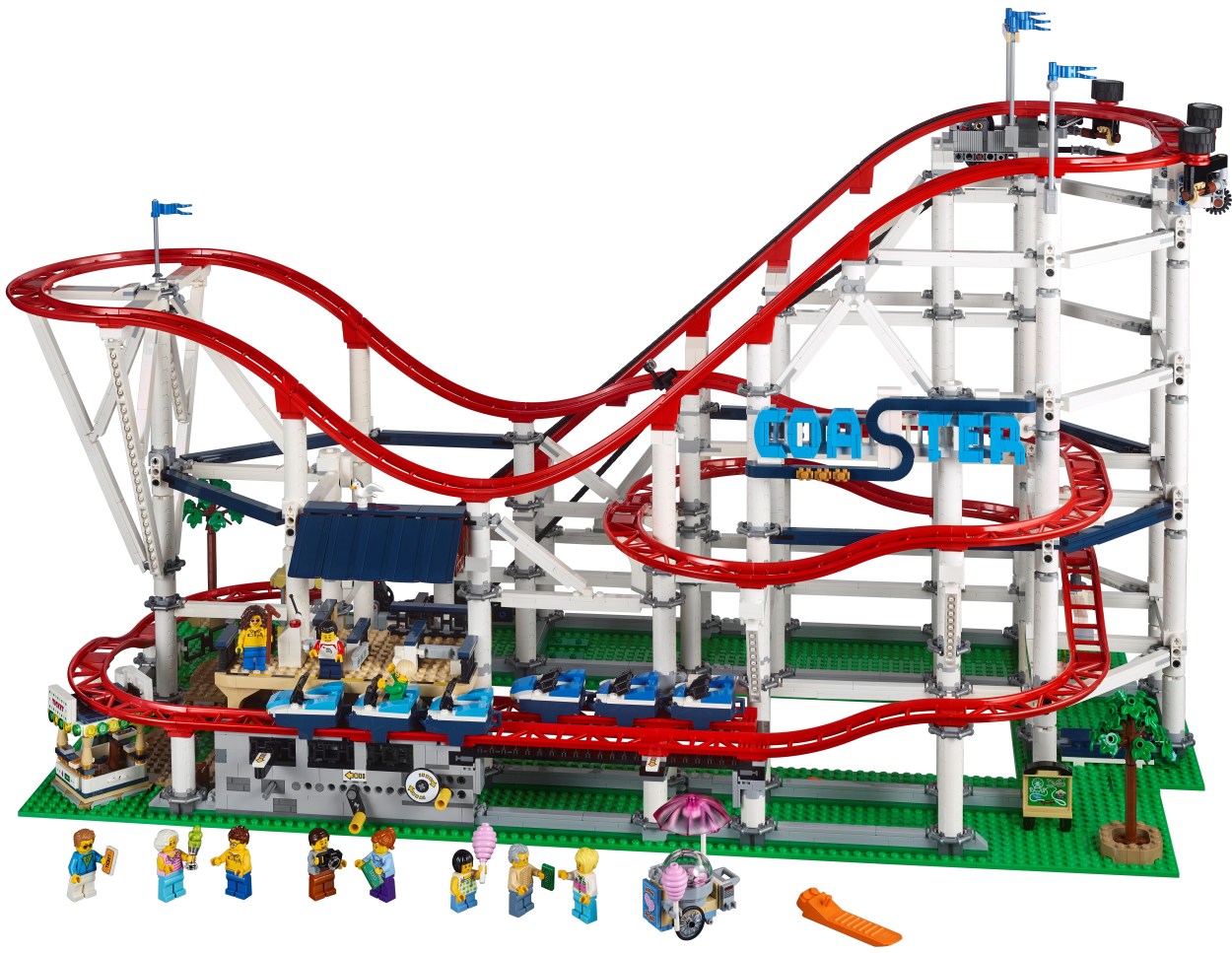 Includes 11 minifigures: a cotton candy vendor, 2 ride attendants, 2 grandparents with their granddaughter and 5 riders. 8 of these minifigures feature reversible heads to display different emotions.