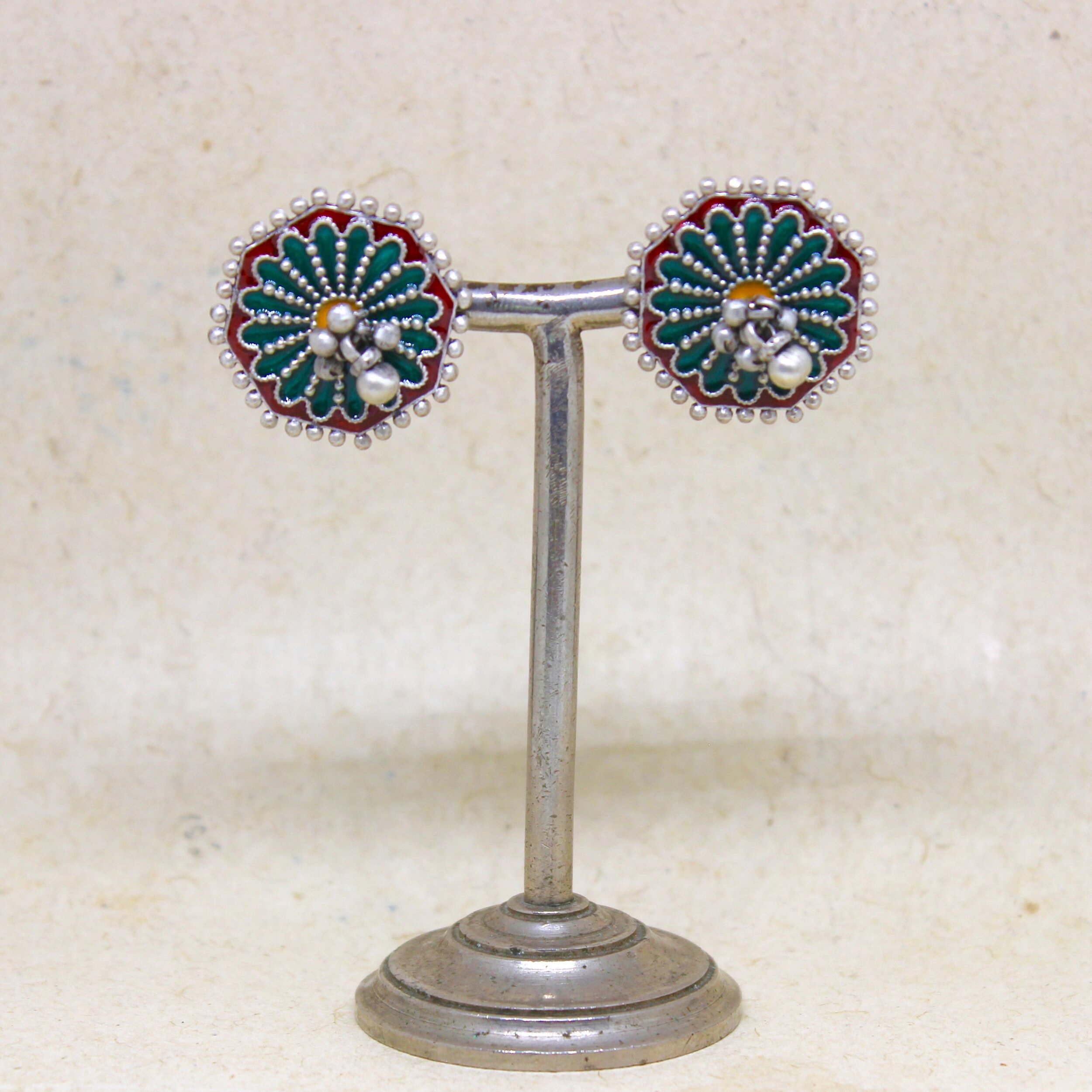 Silver teal &amp; red enamel mandala post earrings