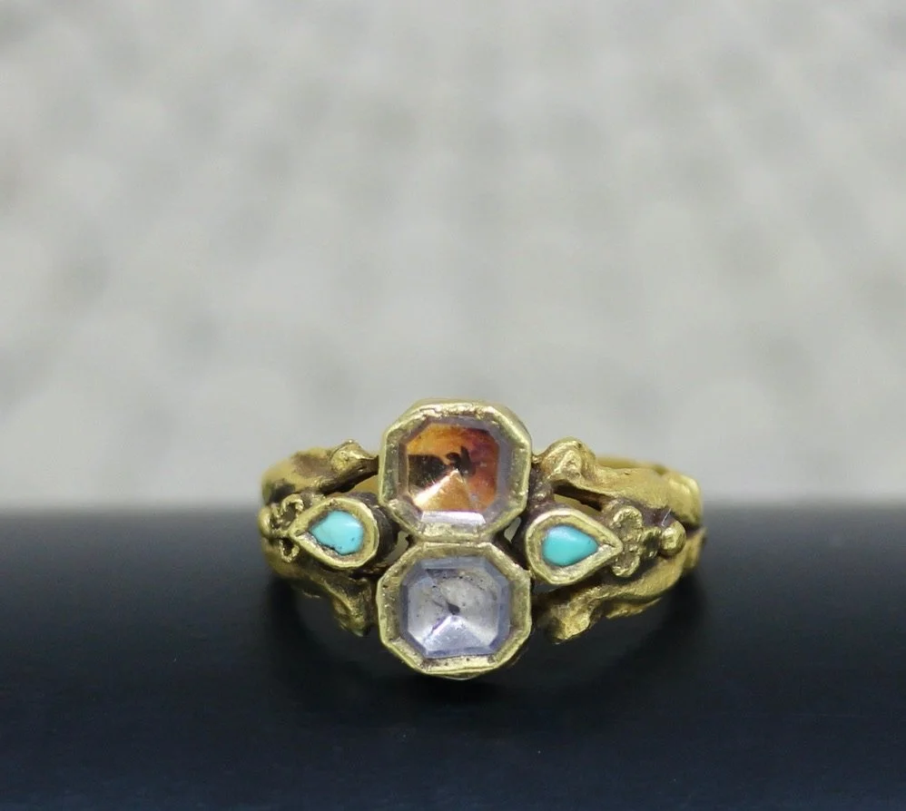 22k Pink Tourmaline & Old Crystal Ring With Turquoise
